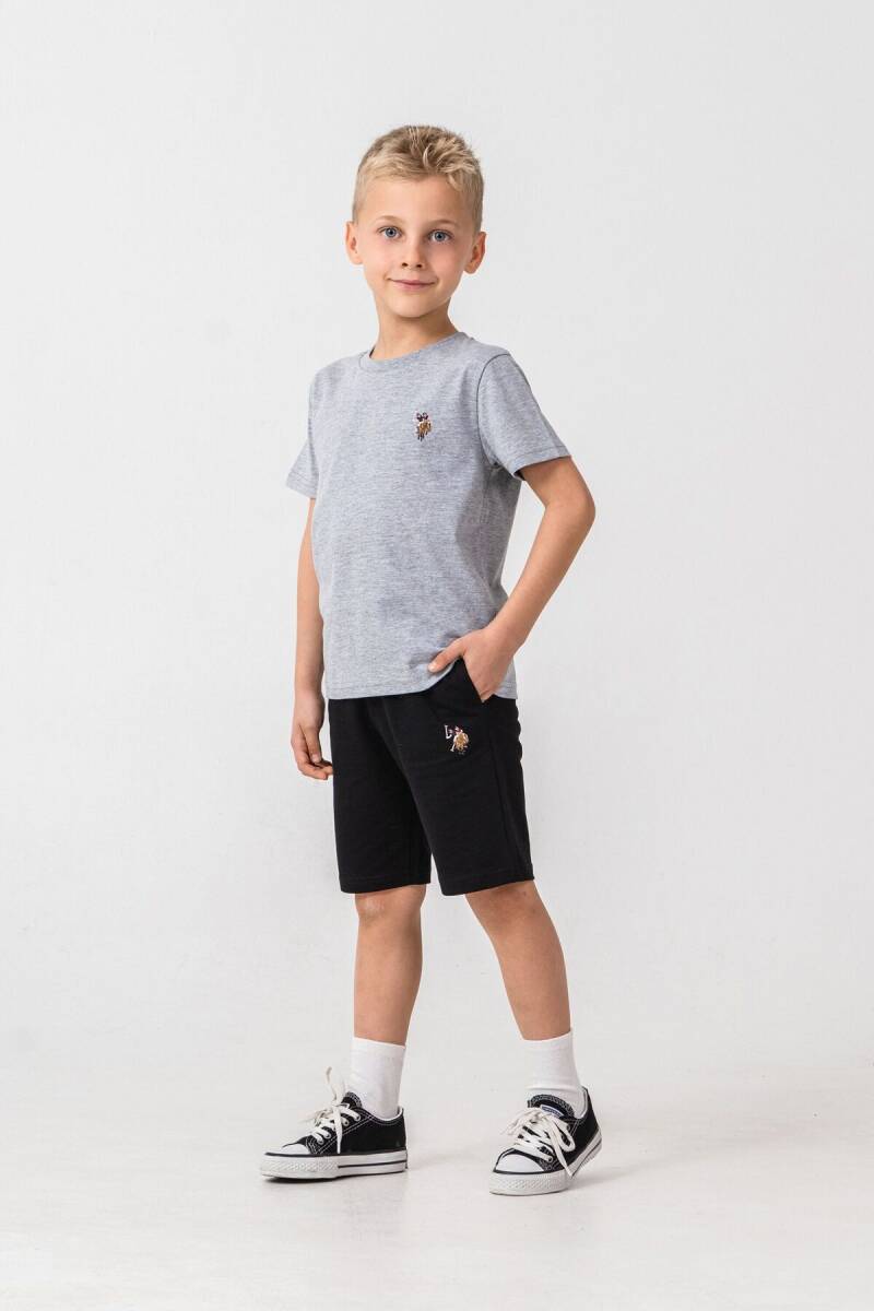 U.S. Polo Assn. Erkek Çocuk Pamuklu Bisiklet Yaka Nakışlı Yazlık Regular Fit Gri Bermuda Takım US2470-C-V2 - 1