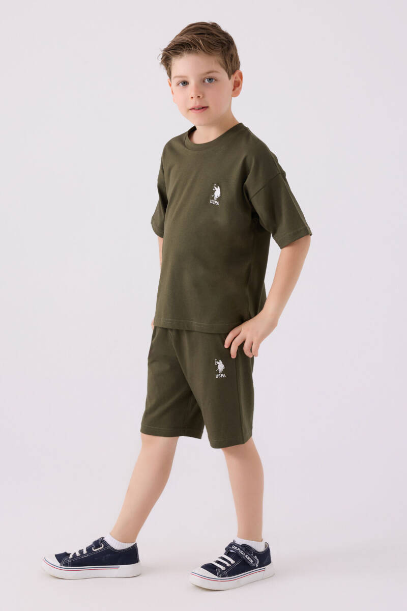 U.S. Polo Assn. Erkek Çocuk Pamuklu Bisiklet Yaka Sargı Nakışlı Yazlık Regular Fit Haki Bermuda Takım US1779-C-V15 - 1