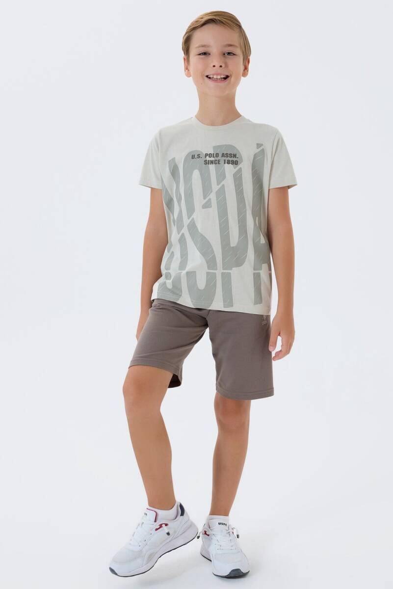 U.S. Polo Assn. Erkek Çocuk %100 Pamuk Bisiklet Yaka Nakışlı Yazlık Regular Fit Kahverengi Bermuda Takım US2429-C-V1 - 2