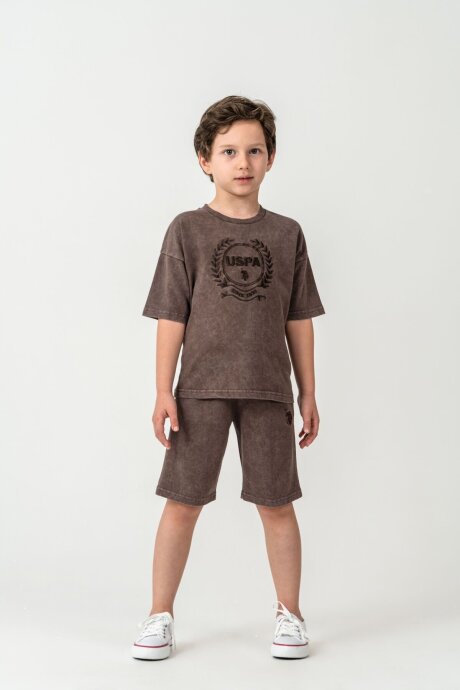U.S. Polo Assn. Erkek Çocuk Bisiklet Yaka Nakışlı Yazlık Regular Fit Kahverengi Bermuda Takım US2436-C-V2 (1)