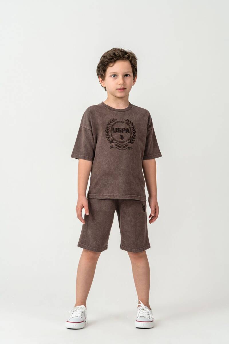 U.S. Polo Assn. Erkek Çocuk %100 Pamuk Bisiklet Yaka Nakışlı Yazlık Regular Fit Kahverengi Bermuda Takım US2436-C-V2 - 2