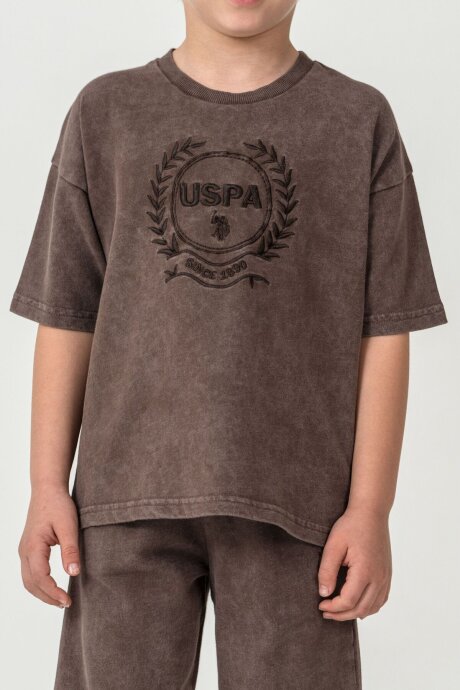 U.S. Polo Assn. Erkek Çocuk %100 Pamuk Bisiklet Yaka Nakışlı Yazlık Regular Fit Kahverengi Bermuda Takım US2436-C-V2 - 3