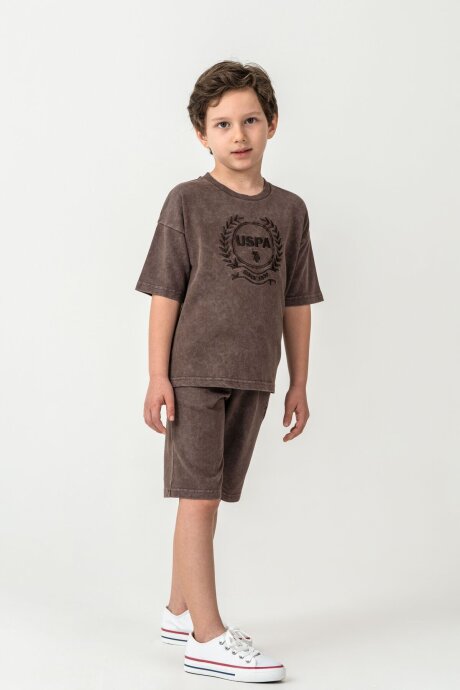 U.S. Polo Assn. Erkek Çocuk %100 Pamuk Bisiklet Yaka Nakışlı Yazlık Regular Fit Kahverengi Bermuda Takım US2436-C-V2 - 5