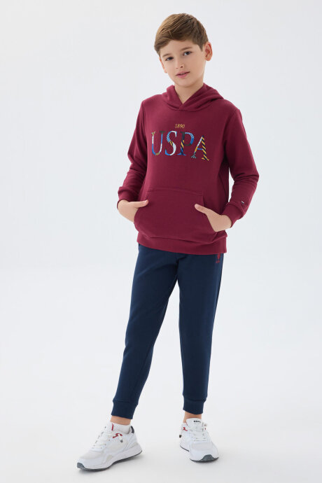 U.S. Polo Assn. Erkek Çocuk Pamuklu Kapüşonlu Sargı Nakışlı Kışlık Regular Fit Bordo Eşofman Takımı US1518-C-V1 (1)