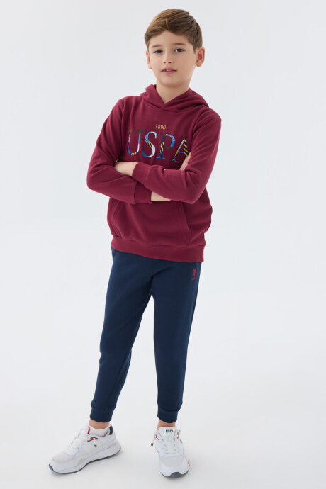 U.S. Polo Assn. Erkek Çocuk Pamuklu Kapüşonlu Sargı Nakışlı Kışlık Regular Fit Bordo Eşofman Takımı US1518-C-V1 - 4