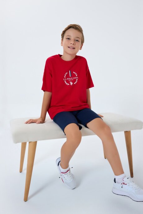 U.S. Polo Assn. Erkek Çocuk %100 Pamuk Bisiklet Yaka Nakışlı Yazlık Regular Fit Kırmızı Bermuda Takım US2408-C-V1
