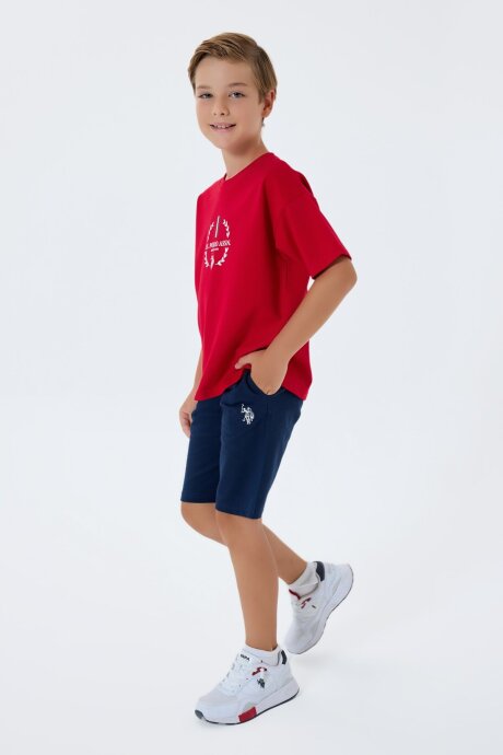 U.S. Polo Assn. Erkek Çocuk %100 Pamuk Bisiklet Yaka Nakışlı Yazlık Regular Fit Kırmızı Bermuda Takım US2408-C-V1 (1)