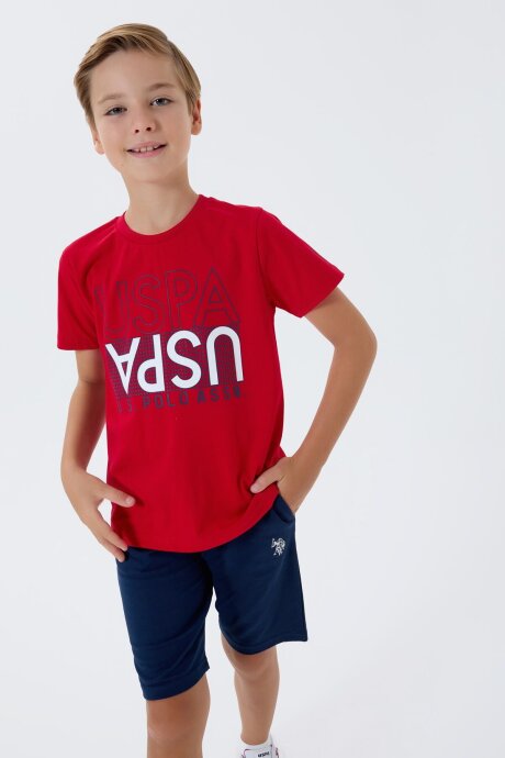 U.S. Polo Assn. Erkek Çocuk %100 Pamuk Bisiklet Yaka Nakışlı Yazlık Regular Fit Kırmızı Bermuda Takım US2417-C-V2 
