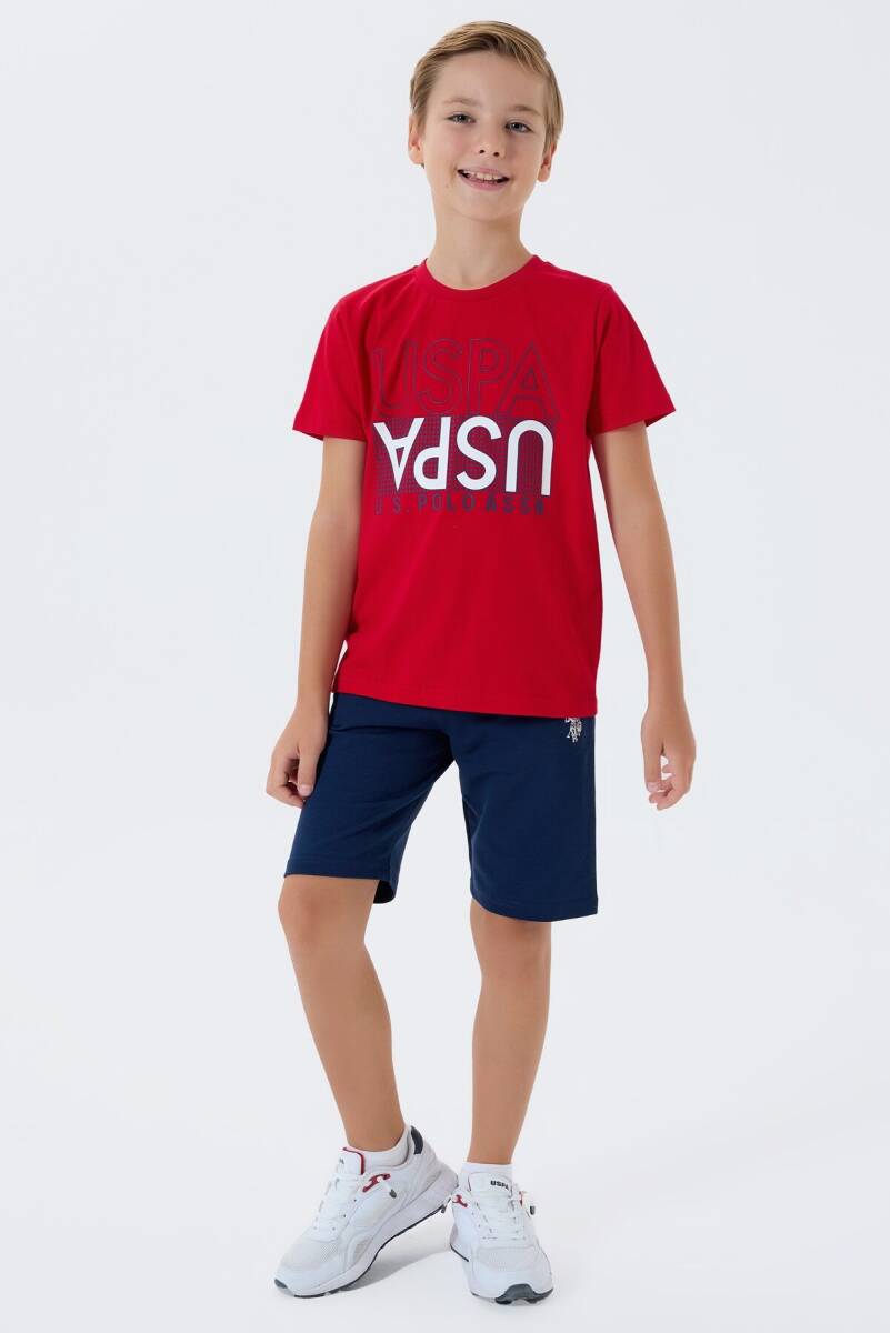 U.S. Polo Assn. Erkek Çocuk %100 Pamuk Bisiklet Yaka Nakışlı Yazlık Regular Fit Kırmızı Bermuda Takım US2417-C-V2 - 2