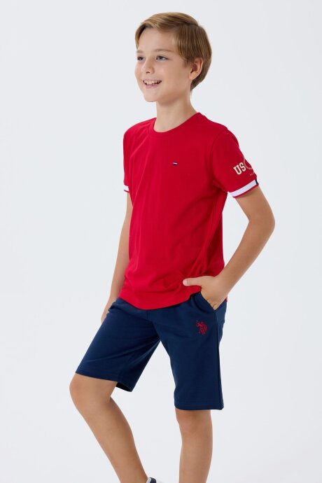 U.S. Polo Assn. Erkek Çocuk %100 Pamuk Bisiklet Yaka Nakışlı Yazlık Regular Fit Kırmızı Bermuda Takım US2424-C-V1 - 1