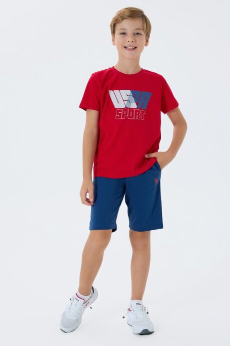 U.S. Polo Assn. Erkek Çocuk %100 Pamuk Bisiklet Yaka Nakışlı Yazlık Regular Fit Kırmızı Bermuda Takım US2432-C-V3 