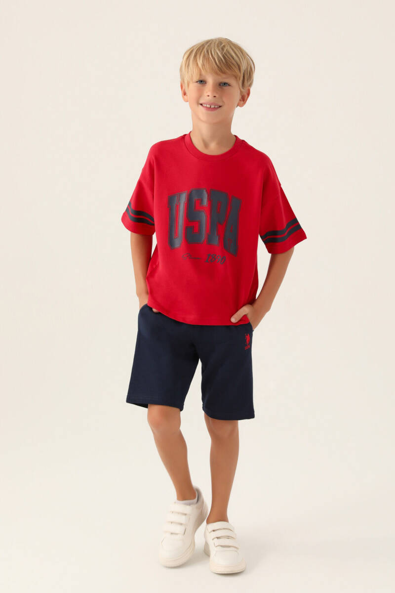 U.S. Polo Assn. Erkek Çocuk Pamuklu Bisiklet Yaka Pigment Baskılı Yazlık Regular Fit Kırmızı Bermuda Takım US1709-C-V4 - 1