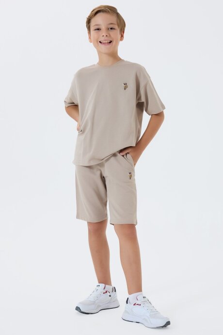 U.S. Polo Assn. Erkek Çocuk %100 Pamuk Bisiklet Yaka Nakışlı Yazlık Regular Fit Krem Bermuda Takım US2434-C-V2 - 2
