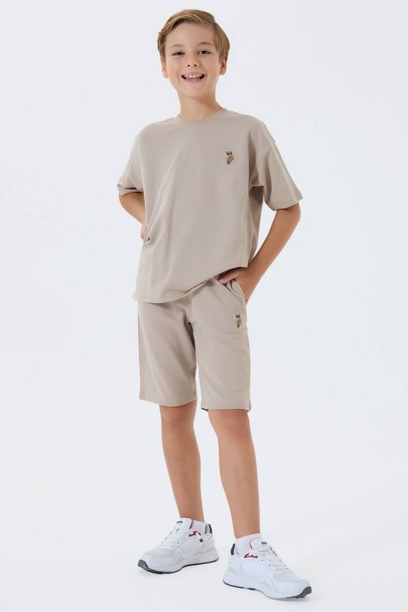 U.S. Polo Assn. Erkek Çocuk %100 Pamuk Bisiklet Yaka Nakışlı Yazlık Regular Fit Krem Bermuda Takım US2434-C-V2 - 2