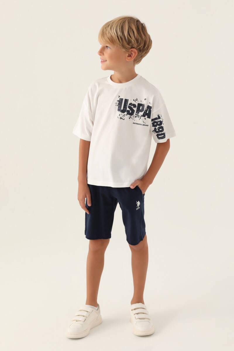 U.S. Polo Assn. Erkek Çocuk Pamuklu Bisiklet Yaka Pigment Baskılı Yazlık Regular Fit Krem Bermuda Takım US1735-C-V1 - 1