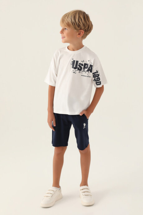 U.S. Polo Assn. Erkek Çocuk Pamuklu Bisiklet Yaka Pigment Baskılı Yazlık Regular Fit Krem Bermuda Takım US1735-C-V1