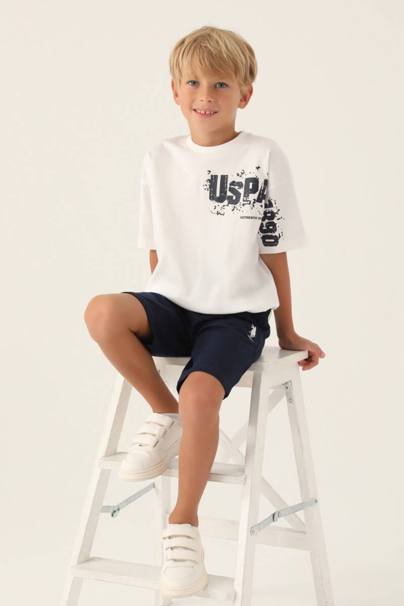 U.S. Polo Assn. Erkek Çocuk Pamuklu Bisiklet Yaka Pigment Baskılı Yazlık Regular Fit Krem Bermuda Takım US1735-C-V1 - 3