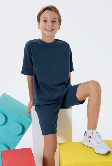 U.S. Polo Assn. Erkek Çocuk %100 Pamuk Bisiklet Yaka Nakışlı Yazlık Regular Fit Lacivert Bermuda Takım US2435-C-V1 - 1
