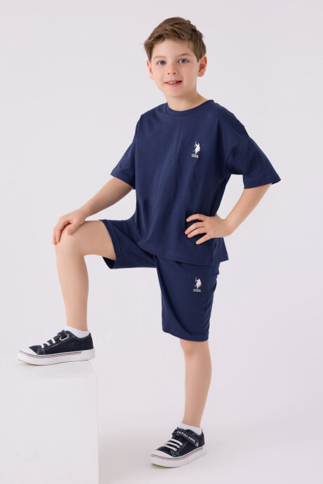 U.S. Polo Assn. Erkek Çocuk Pamuklu Bisiklet Yaka Sargı Nakışlı Yazlık Regular Fit Mavi Bermuda Takım US1779-C-V4