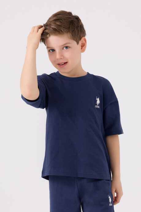 U.S. Polo Assn. Erkek Çocuk Pamuklu Bisiklet Yaka Sargı Nakışlı Yazlık Regular Fit Mavi Bermuda Takım US1779-C-V4 (1)