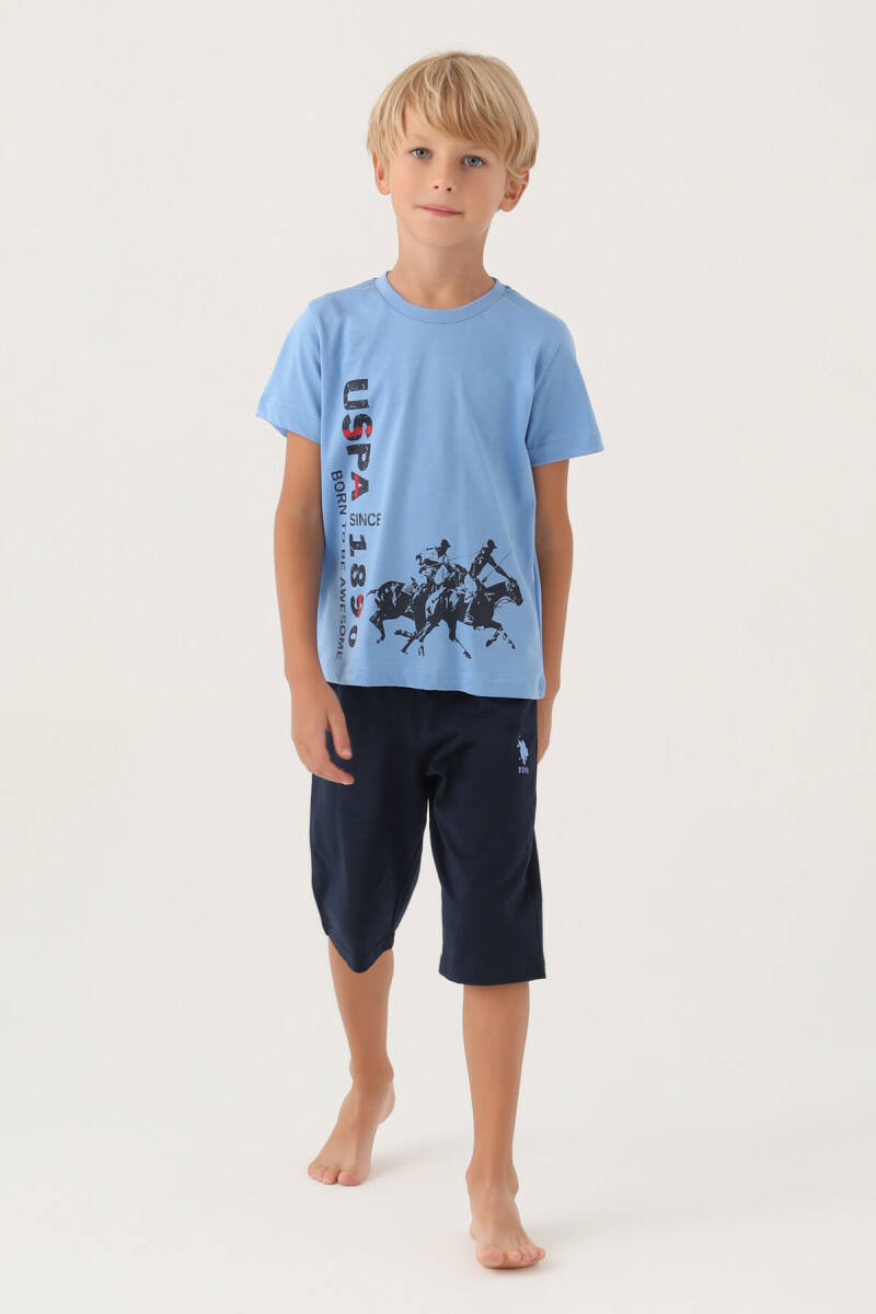 U.S. Polo Assn. Erkek Çocuk Pamuklu Bisiklet Yaka Pigment Baskılı Yazlık Regular Fit Mavi Kapri Takım US1736-C-V1 - 3