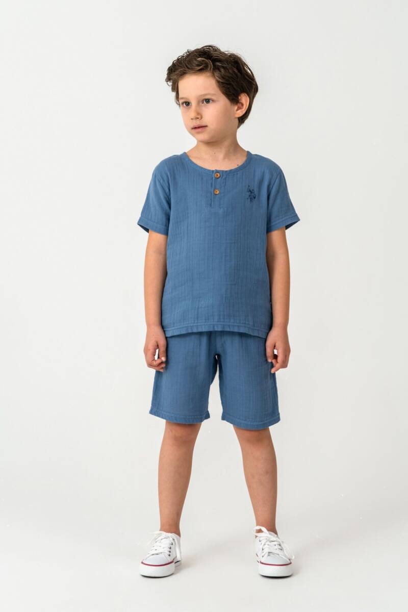 U.S. Polo Assn. Erkek Çocuk %100 Pamuk Bisiklet Yaka Nakışlı Yazlık Regular Fit Mavi Bermuda Takım US2439-C-V1 - 1