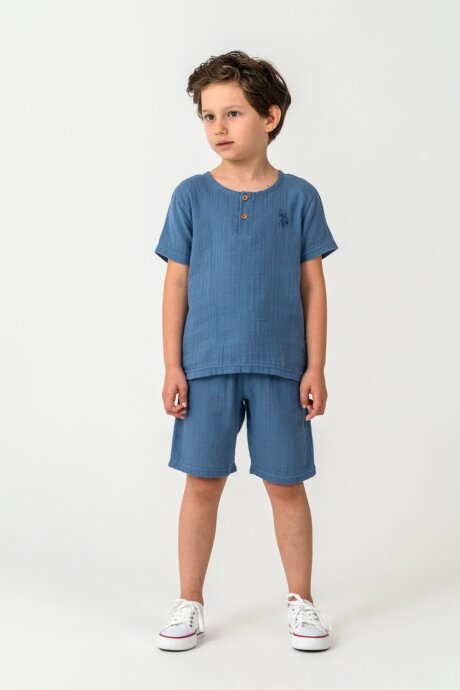 U.S. Polo Assn. Erkek Çocuk Bisiklet Yaka Nakışlı Yazlık Regular Fit Mavi Bermuda Takım US2439-C-V1 - 1