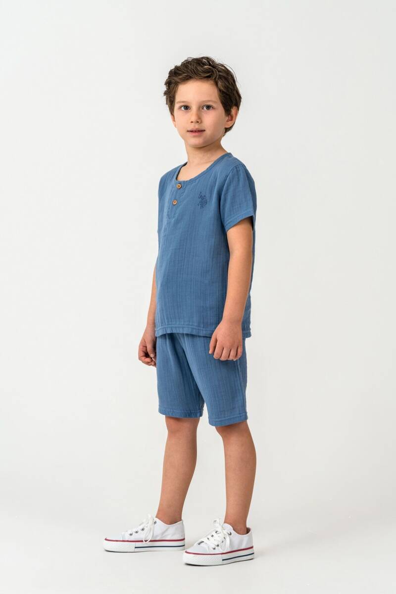 U.S. Polo Assn. Erkek Çocuk Bisiklet Yaka Nakışlı Yazlık Regular Fit Mavi Bermuda Takım US2439-C-V1 - 2