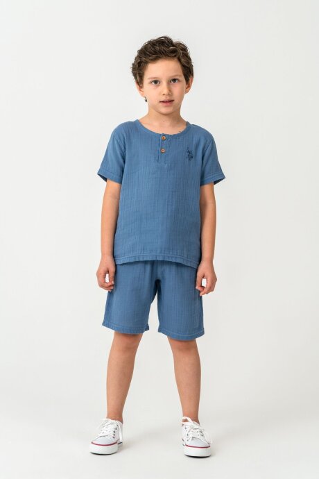 U.S. Polo Assn. Erkek Çocuk Bisiklet Yaka Nakışlı Yazlık Regular Fit Mavi Bermuda Takım US2439-C-V1 - 5