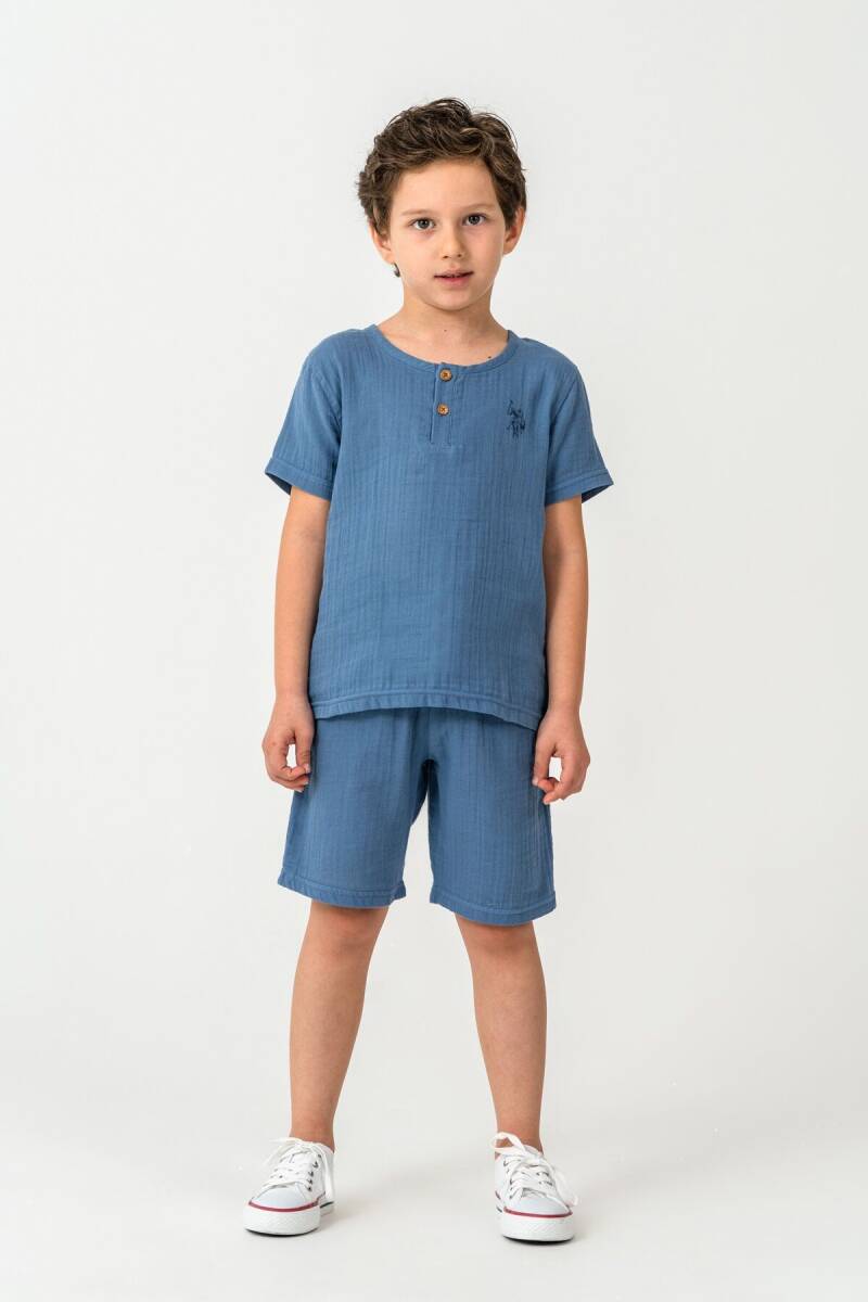 U.S. Polo Assn. Erkek Çocuk Bisiklet Yaka Nakışlı Yazlık Regular Fit Mavi Bermuda Takım US2439-C-V1 - 5