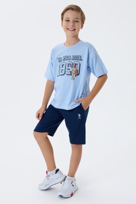 U.S. Polo Assn. Erkek Çocuk %100 Pamuk Bisiklet Yaka Nakışlı Yazlık Regular Fit Mavi Bermuda Takım US2444-C-V1 