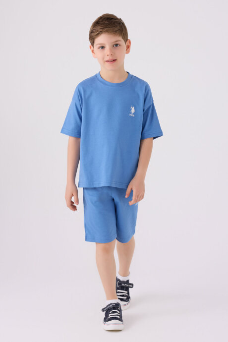 U.S. Polo Assn. Erkek Çocuk Pamuklu Bisiklet Yaka Sargı Nakışlı Yazlık Regular Fit Mavi Bermuda Takım US1779-C-V12