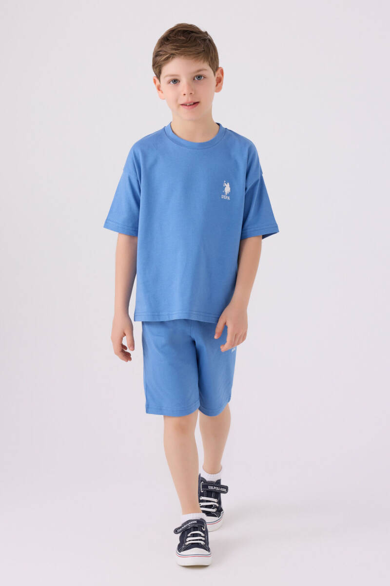 U.S. Polo Assn. Erkek Çocuk Pamuklu Bisiklet Yaka Sargı Nakışlı Yazlık Regular Fit Mavi Bermuda Takım US1779-C-V12 - 1