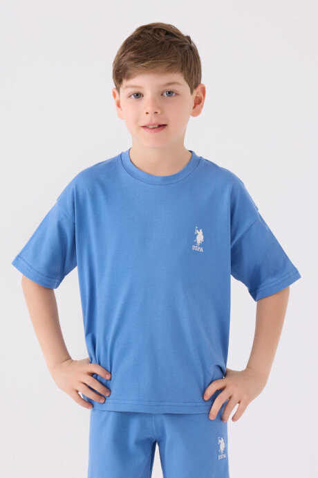 U.S. Polo Assn. Erkek Çocuk Pamuklu Bisiklet Yaka Sargı Nakışlı Yazlık Regular Fit Mavi Bermuda Takım US1779-C-V12 - 2