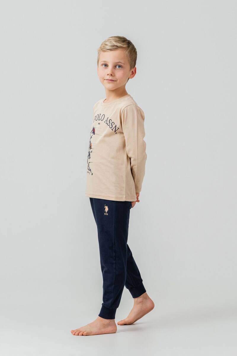 U.S. Polo Assn. Erkek Çocuk %100 Pamuk Baskılı Krem Uzun Kol Pijama Takımı US2637-C-V1 - 3