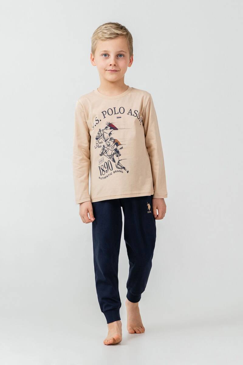U.S. Polo Assn. Erkek Çocuk %100 Pamuk Baskılı Krem Uzun Kol Pijama Takımı US2637-C-V1 - 1