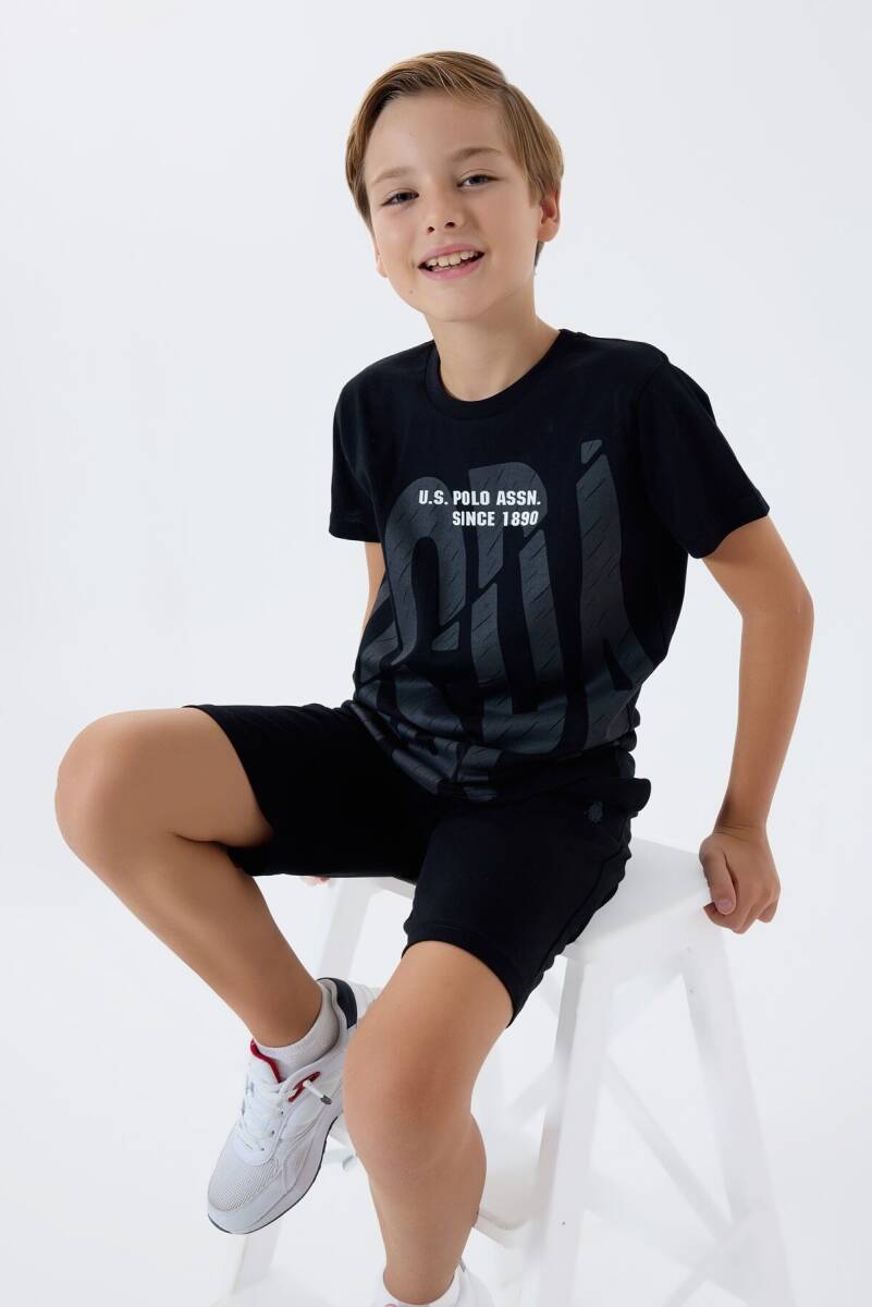 U.S. Polo Assn. Erkek Çocuk %100 Pamuk Bisiklet Yaka Nakışlı Yazlık Regular Fit Siyah Bermuda Takım US2429-C-V2 - 1