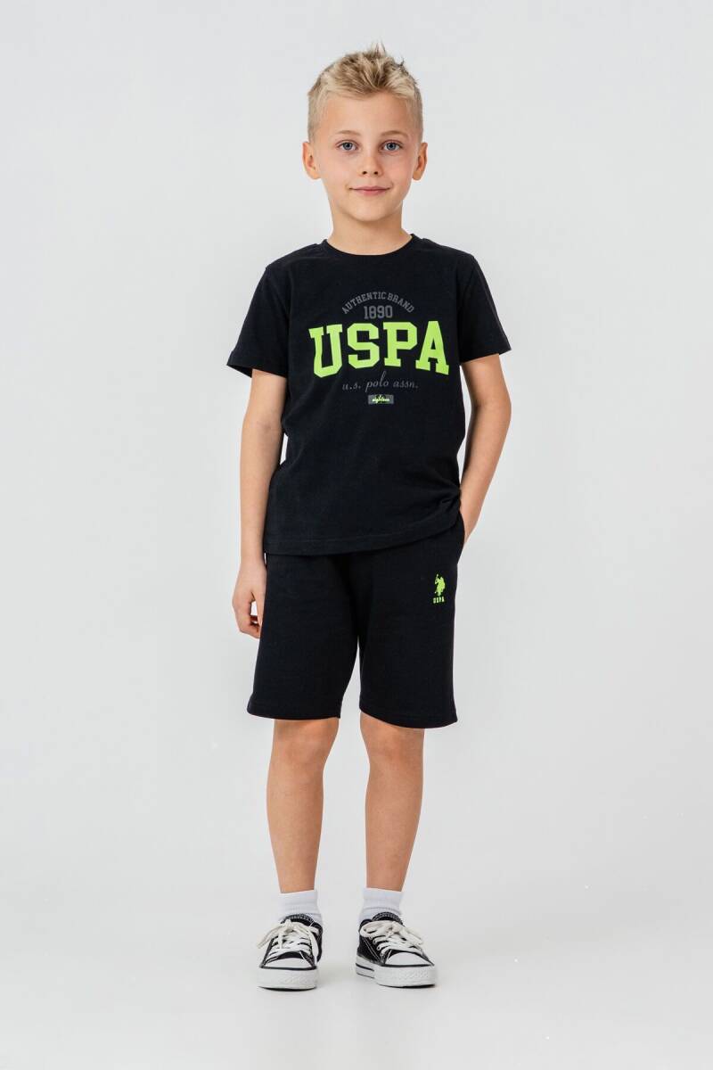U.S. Polo Assn. Erkek Çocuk %100 Pamuk Bisiklet Yaka Nakışlı Yazlık Regular Fit Siyah Bermuda Takım US2430-C-V1 - 1