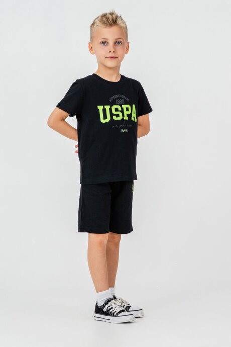 U.S. Polo Assn. Erkek Çocuk %100 Pamuk Bisiklet Yaka Nakışlı Yazlık Regular Fit Siyah Bermuda Takım US2430-C-V1 - 5