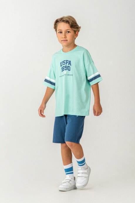 U.S. Polo Assn. Erkek Çocuk %100 Pamuk Bisiklet Yaka Nakışlı Yazlık Regular Fit Yeşil Bermuda Takım US2414-C-V2 