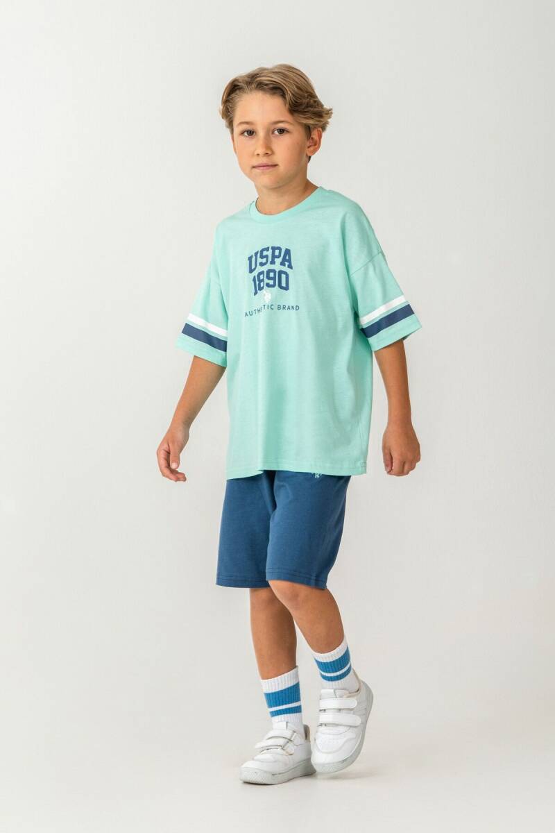 U.S. Polo Assn. Erkek Çocuk %100 Pamuk Bisiklet Yaka Nakışlı Yazlık Regular Fit Yeşil Bermuda Takım US2414-C-V2 - 1