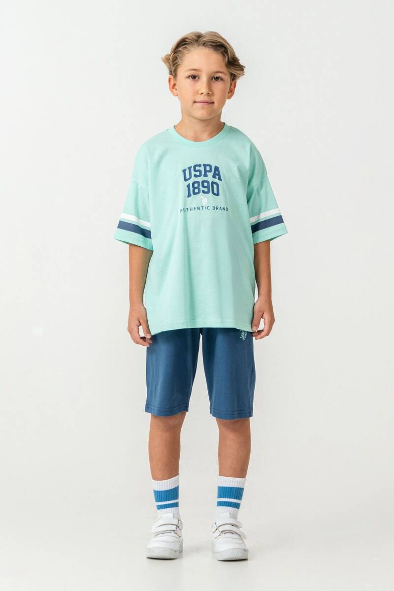 U.S. Polo Assn. Erkek Çocuk %100 Pamuk Bisiklet Yaka Nakışlı Yazlık Regular Fit Yeşil Bermuda Takım US2414-C-V2 - 5