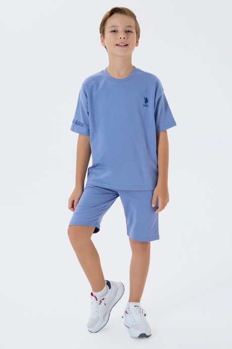 U.S. Polo Assn. Erkek Çocuk %100 Pamuk Bisiklet Yaka Nakışlı Yazlık Regular Fit Mavi Bermuda Takım US2435-C-V3 
