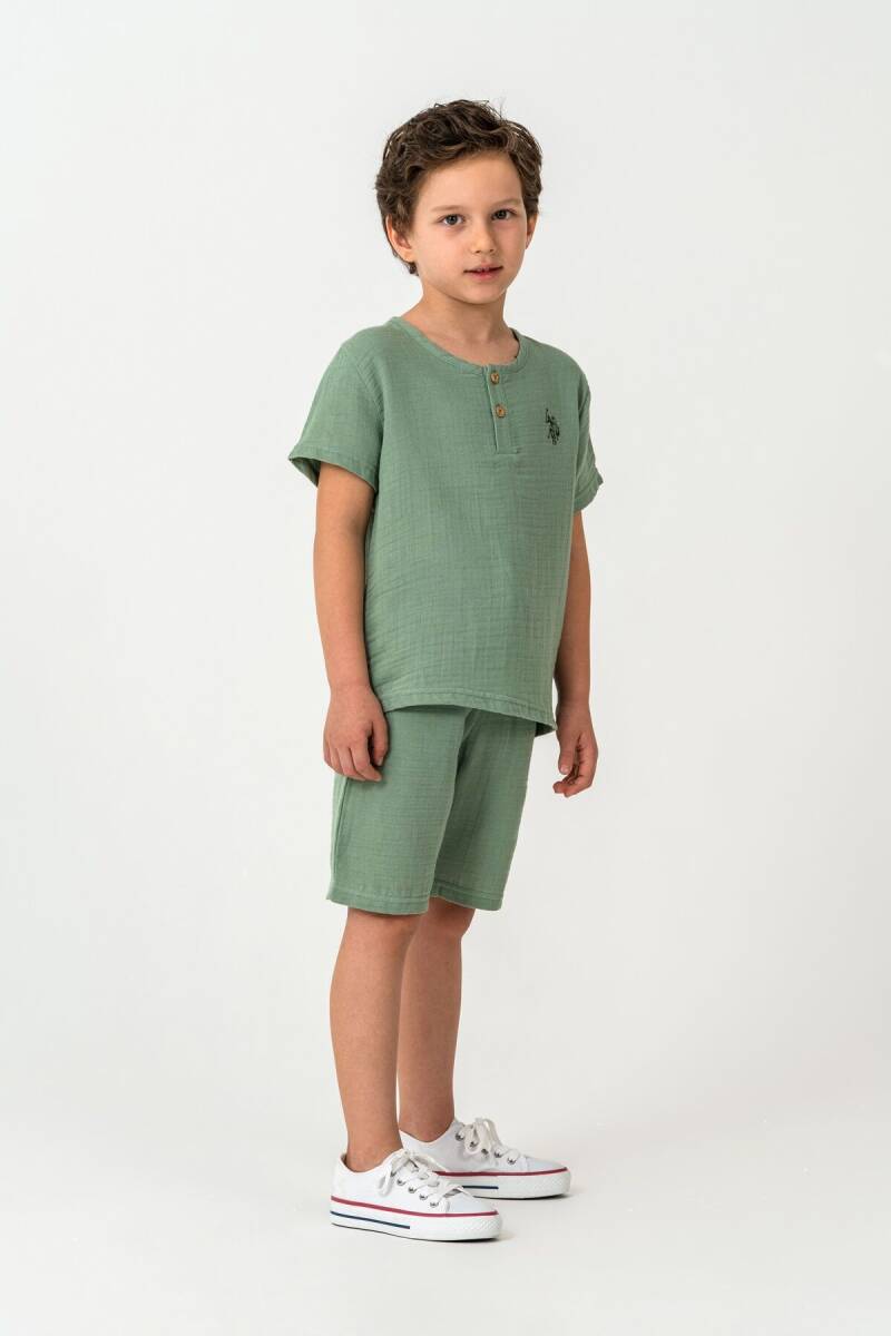 U.S. Polo Assn. Erkek Çocuk %100 Pamuk Bisiklet Yaka Nakışlı Yazlık Regular Fit Yeşil Bermuda Takım US2439-C-V3 - 3