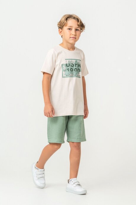 U.S. Polo Assn. Erkek Çocuk %100 Pamuk Bisiklet Yaka Nakışlı Yazlık Regular Fit Yeşil Bermuda Takım US2440-C-V1