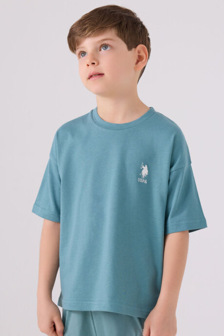 U.S. Polo Assn. Erkek Çocuk Pamuklu Bisiklet Yaka Sargı Nakışlı Yazlık Regular Fit Mavi Bermuda Takım US1779-C-V14 - 2