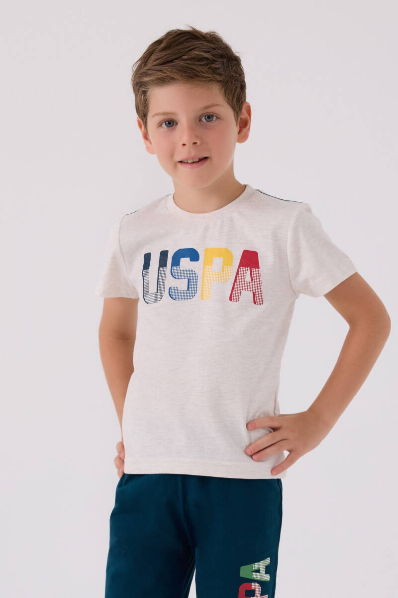 U.S. Polo Assn. Erkek Çocuk Pamuklu Bisiklet Yaka Pigment Baskılı Yazlık Regular Fit Krem Bermuda Takım US818-C-V5 - 2