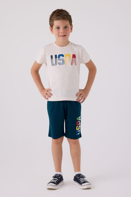 U.S. Polo Assn. Erkek Çocuk Pamuklu Bisiklet Yaka Pigment Baskılı Yazlık Regular Fit Krem Bermuda Takım US818-C-V5