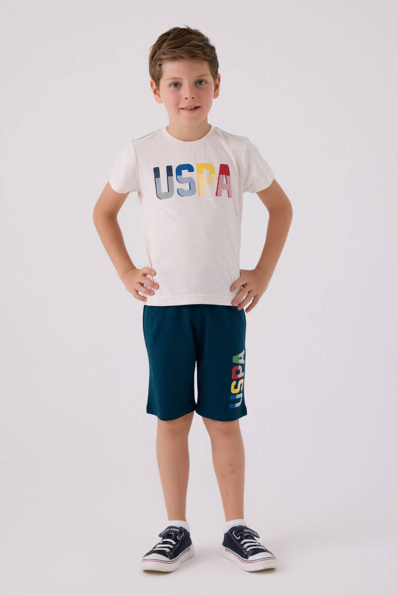 U.S. Polo Assn. Erkek Çocuk Pamuklu Bisiklet Yaka Pigment Baskılı Yazlık Regular Fit Krem Bermuda Takım US818-C-V5 - 1