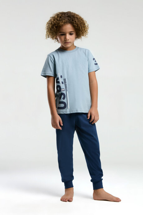 U.S. Polo Assn. Erkek Çocuk Pamuklu Bisiklet Yaka Pigment Baskılı Yazlık Regular Fit Mavi Pijama Takımı US2013-C-V2 - 3